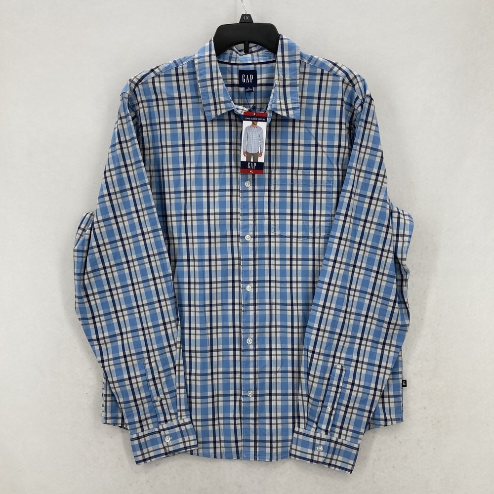 GAP Shirt Mens XL Blue White Plaid Long Sleeve Button Down Glacier Grey Stretch